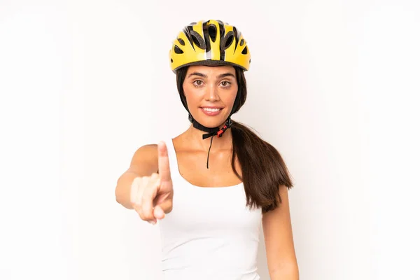 Pretty Hispanic Woman Smiling Proudly Confidently Making Number One Bike — Fotografia de Stock