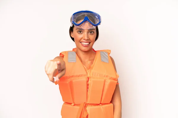 Pretty Hispanic Woman Pointing Camera Choosing You Life Jacket Concept — Stock Photo, Image