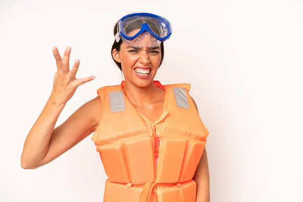 Pretty Hispanic Woman Looking Angry Annoyed Frustrated Life Jacket Concept —  Fotos de Stock