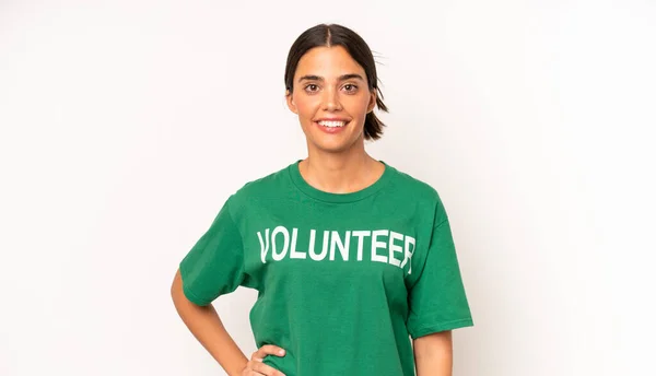 Pretty Hispanic Woman Smiling Happily Hand Hip Confident Ecology Volunteer — Stock Photo, Image
