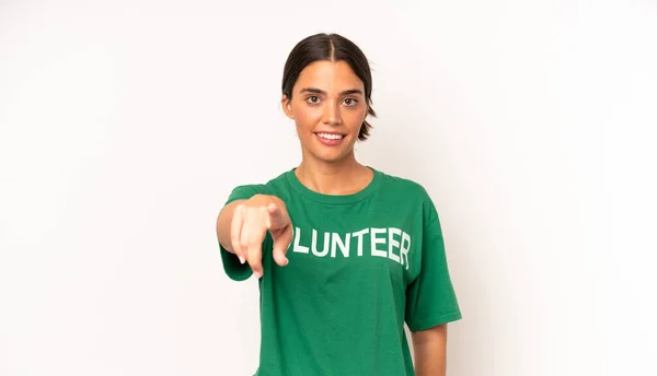 Pretty Hispanic Woman Pointing Camera Choosing You Ecology Volunteer Concept — Stock Photo, Image