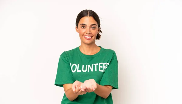 Pretty Hispanic Woman Smiling Happily Friendly Offering Showing Concept Ecology — Stock Photo, Image