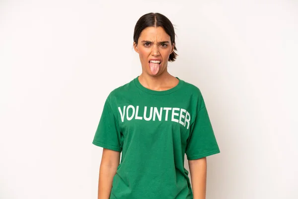 Pretty Hispanic Woman Feeling Disgusted Irritated Tongue Out Ecology Volunteer —  Fotos de Stock