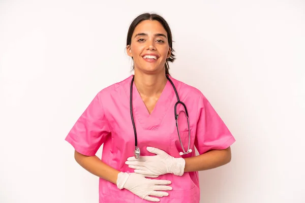 Pěkně Hispánská Žena Hlasitě Smála Nějakému Vtipu Koncepce Veterinárního Lékaře — Stock fotografie