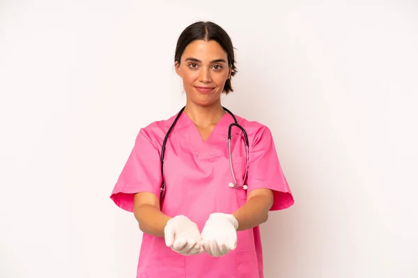 Pretty Hispanic Woman Smiling Happily Friendly Offering Showing Concept Veterinarian — Fotografia de Stock