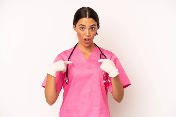 Pretty Hispanic Woman Feeling Happy Pointing Self Excited Veterinarian Concept — Foto Stock