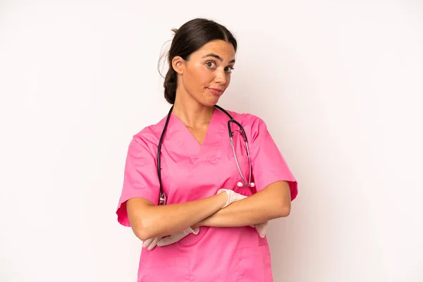 Pretty Hispanic Woman Shrugging Feeling Confused Uncertain Veterinarian Concept — Fotografia de Stock