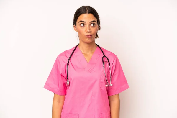 Pretty Hispanic Woman Feeling Sad Upset Angry Looking Side Veterinarian — Fotografia de Stock