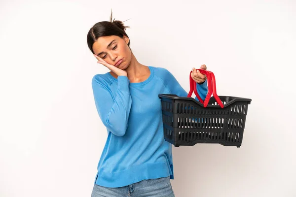 Pretty Hispanic Woman Feeling Bored Frustrated Sleepy Tiresome Empty Shopping — Stock Photo, Image