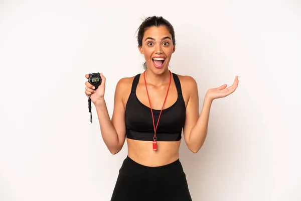 Pretty Hispanic Woman Feeling Happy Astonished Something Unbelievable Swimmer Trainer — Stock Photo, Image