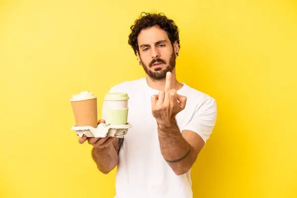 Çılgın Sakallı Adam Kızgın Sinirli Asi Agresif Hissediyor Kahve Konseptini — Stok fotoğraf
