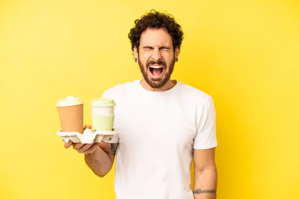 Loco Barbudo Gritando Agresivamente Pareciendo Muy Enojado Quitar Concepto Café — Foto de Stock