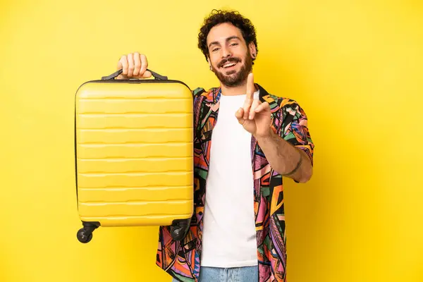 Crazy Bearded Man Smiling Proudly Confidently Making Number One Holidays — Stock Photo, Image