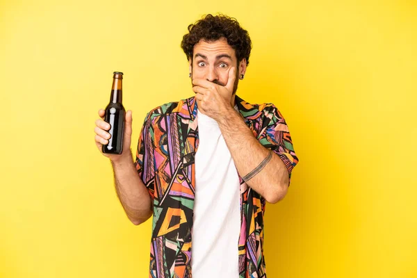 Crazy Bearded Man Covering Mouth Hands Shocked Beer Vacations Concept — Stock Photo, Image