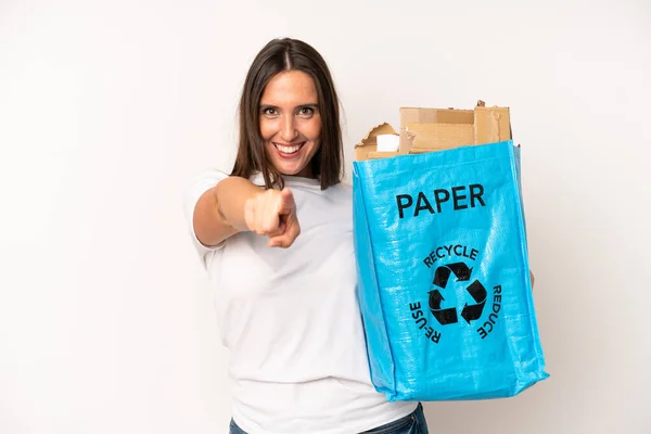 Hispanic Young Adult Woman Pointing Camera Choosing You Recycle Ecology — Stockfoto