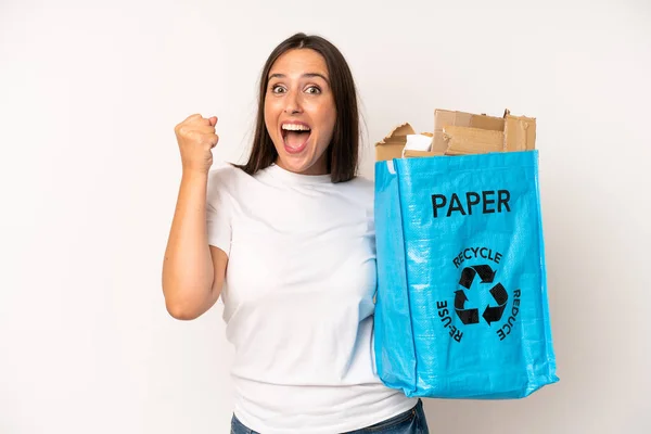 Hispanic Young Adult Woman Feeling Shocked Laughing Celebrating Success Recycle — Zdjęcie stockowe