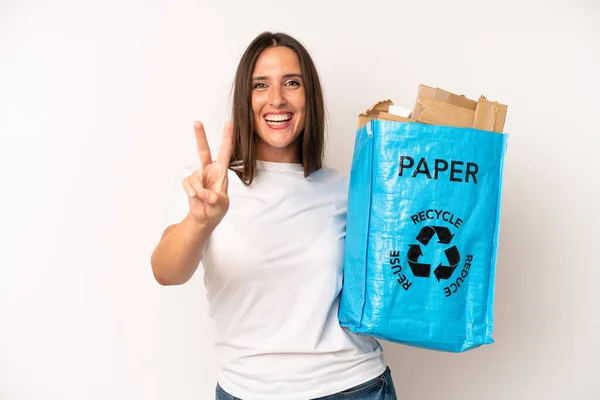 Hispanic Young Adult Woman Smiling Looking Friendly Showing Number Two — Photo