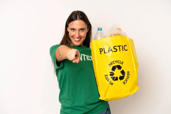 Hispanic Young Adult Woman Pointing Camera Choosing You Recycle Ecology — Stock Photo, Image