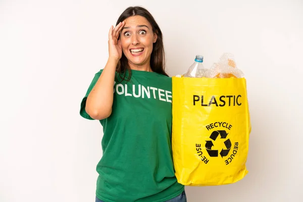 Hispanic Young Adult Woman Looking Happy Astonished Surprised Recycle Ecology — Stock Photo, Image