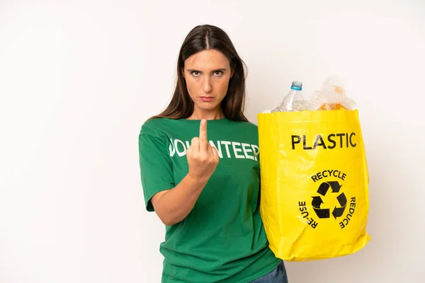 Hispanic Young Adult Woman Feeling Angry Annoyed Rebellious Aggressive Recycle — Stock Photo, Image