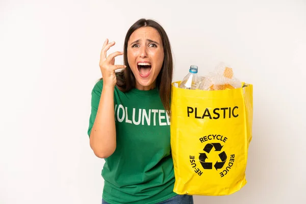 Hispanic Young Adult Woman Looking Desperate Frustrated Stressed Recycle Ecology — Zdjęcie stockowe