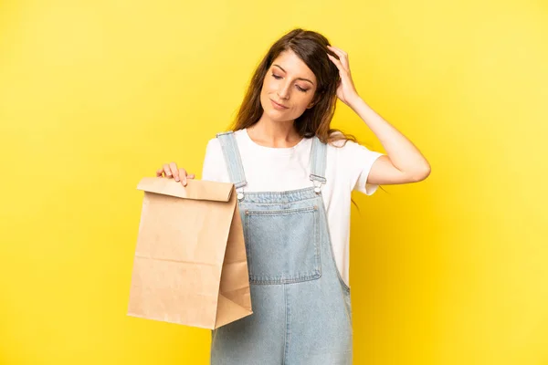 Pretty Caucasian Woman Feeling Puzzled Confused Scratching Head Take Away — Stock fotografie