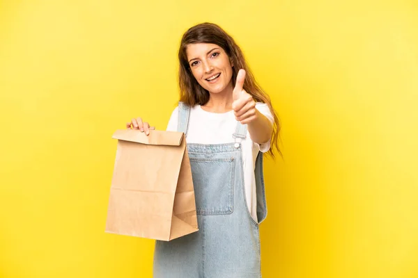 Pretty Caucasian Woman Feeling Proud Smiling Positively Thumbs Take Away — Stok fotoğraf