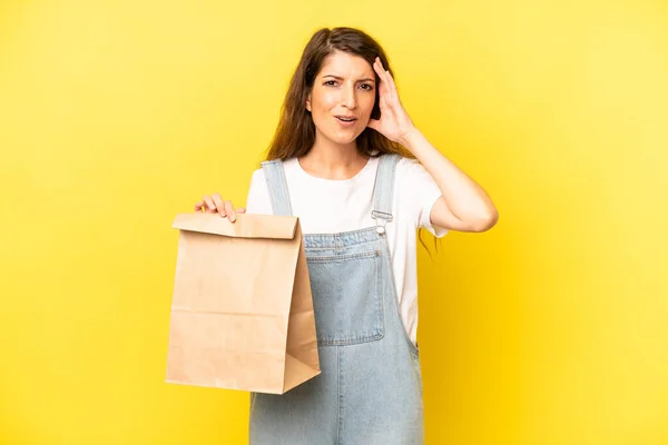 Pretty Caucasian Woman Looking Happy Astonished Surprised Take Away Concept — Fotografia de Stock