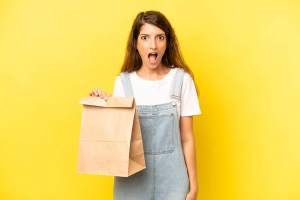 Pretty Caucasian Woman Looking Very Shocked Surprised Take Away Concept — Fotografia de Stock