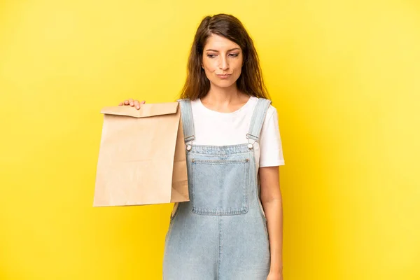 Pretty Caucasian Woman Feeling Sad Upset Angry Looking Side Take — Fotografia de Stock