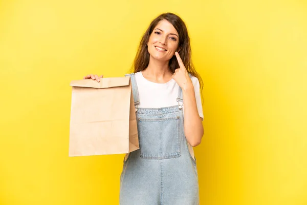 Pretty Caucasian Woman Smiling Confidently Pointing Own Broad Smile Take — Stok fotoğraf