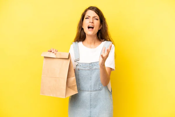 Pretty Caucasian Woman Looking Desperate Frustrated Stressed Take Away Concept — Fotografia de Stock