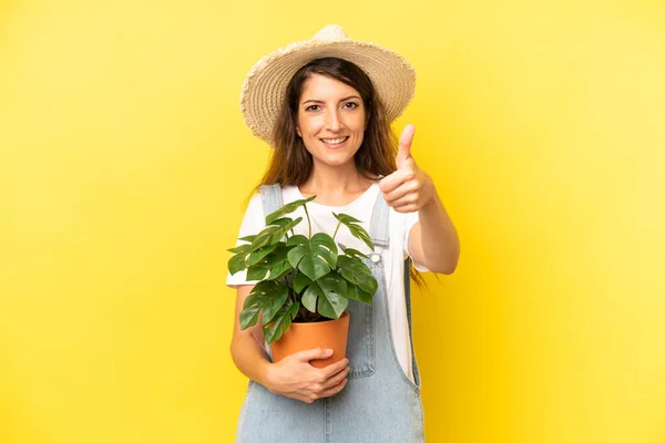 Pretty Caucasian Woman Feeling Proud Smiling Positively Thumbs Gardering Concept — Stockfoto