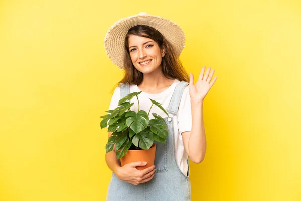 Pretty Caucasian Woman Smiling Happily Waving Hand Welcoming Greeting You — Stock fotografie