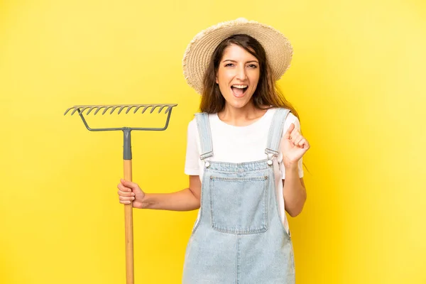 Pretty Caucasian Woman Feeling Shocked Laughing Celebrating Success Farmer Concept —  Fotos de Stock