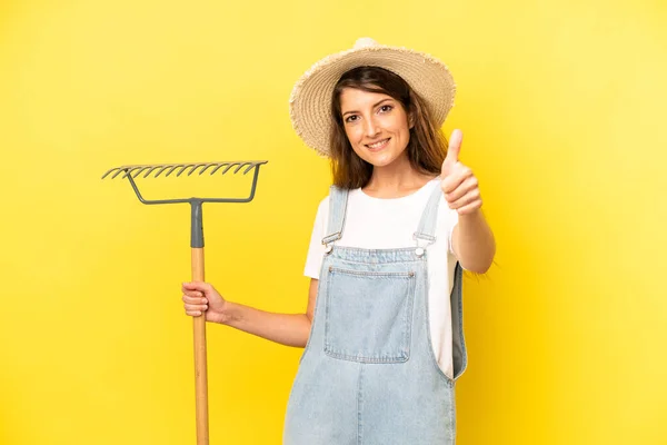 Pretty Caucasian Woman Feeling Proud Smiling Positively Thumbs Farmer Concept —  Fotos de Stock