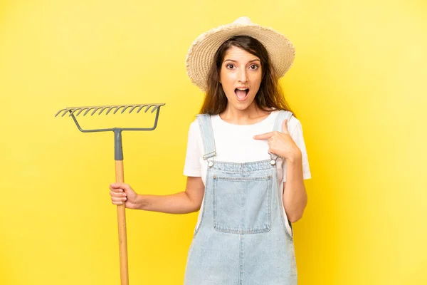 Pretty Caucasian Woman Feeling Happy Pointing Self Excited Farmer Concept —  Fotos de Stock