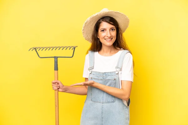 Pretty Caucasian Woman Smiling Cheerfully Feeling Happy Showing Concept Farmer —  Fotos de Stock