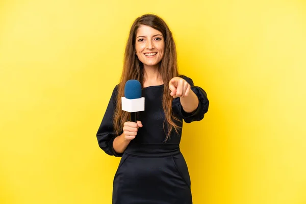 Pretty Caucasian Woman Pointing Camera Choosing You Presenter Concept — Zdjęcie stockowe