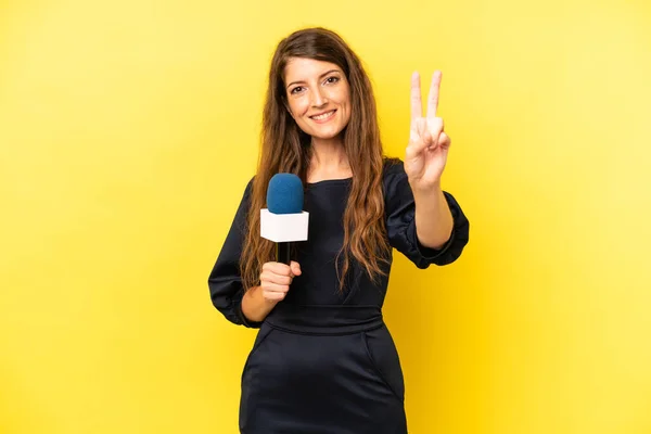 Pretty Caucasian Woman Smiling Looking Happy Gesturing Victory Peace Presenter — Zdjęcie stockowe