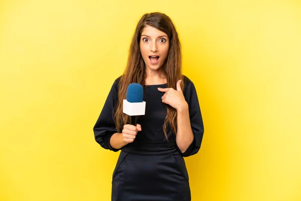 Pretty Caucasian Woman Feeling Happy Pointing Self Excited Presenter Concept — Zdjęcie stockowe