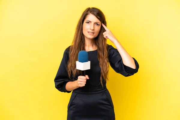 Pretty Caucasian Woman Feeling Confused Puzzled Showing You Insane Presenter — Stockfoto