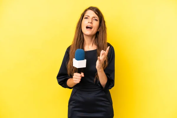 Pretty Caucasian Woman Looking Desperate Frustrated Stressed Presenter Concept — Zdjęcie stockowe