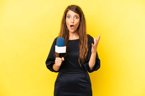 Pretty Caucasian Woman Feeling Extremely Shocked Surprised Presenter Concept — Zdjęcie stockowe