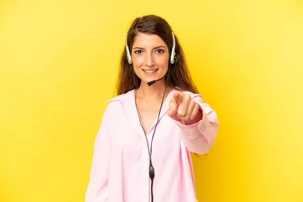 Pretty Caucasian Woman Pointing Camera Choosing You Telemarketing Concept — Stockfoto