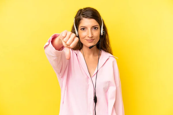 Pretty Caucasian Woman Feeling Cross Showing Thumbs Telemarketing Concept — Stock Photo, Image