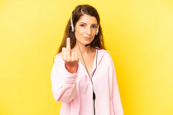 Pretty Caucasian Woman Feeling Angry Annoyed Rebellious Aggressive Telemarketing Concept — Stockfoto