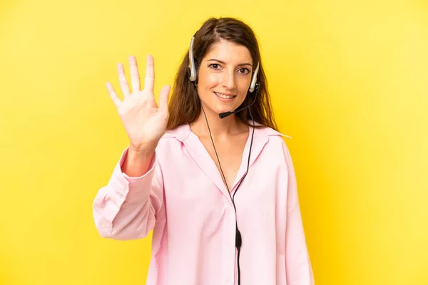 Pretty Caucasian Woman Smiling Looking Friendly Showing Number Five Telemarketing — Stockfoto