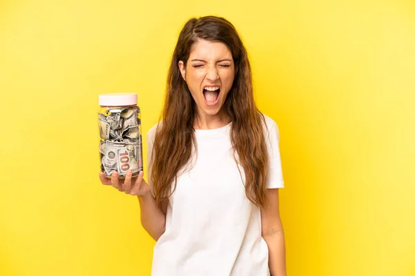 Pretty Caucasian Woman Shouting Aggressively Looking Very Angry Dollar Banknotes — Foto Stock