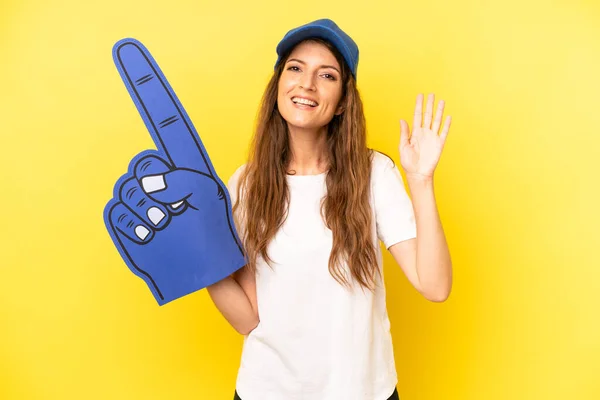 Pretty Caucasian Woman Smiling Happily Waving Hand Welcoming Greeting You — Stok fotoğraf